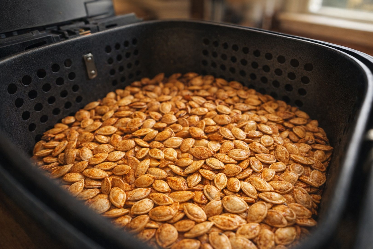 A close-up shot of pumpkin seeds roasting in an air fryer, seeds are golden brown and slightly puffed up, visible air fryer basket, warm kitchen lighting